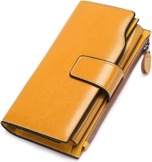 WOMEN LEATHER YELLOW WALLET RFID W/ZIPPER POCKET